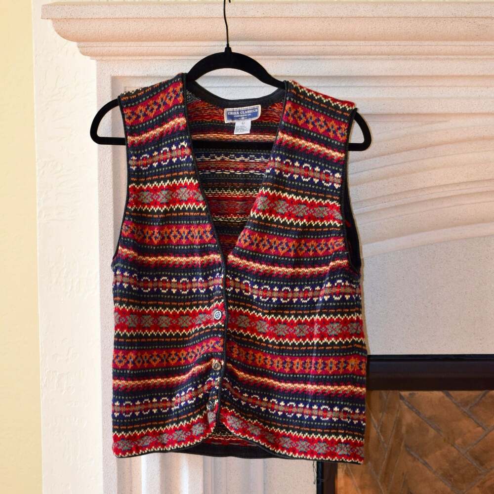 Erika Classics Vintage Multi-Color Fair Isle Knit Button Front Sweater Vest Size